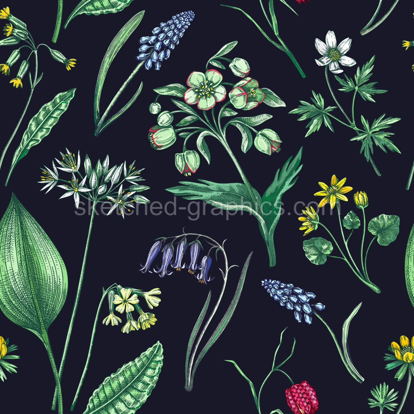 Spring flowers seamless pattern. Wildflowers background. Forest plant, greenery, wild flowers sketches. Hand drawn vector illustration. Not AI-generated Illustration